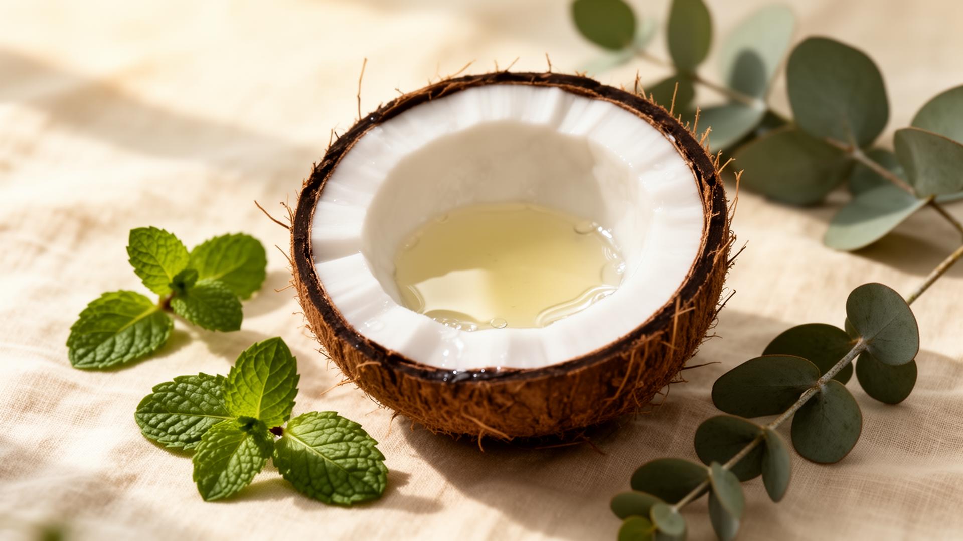 Halved coconut with coconut oil, mint, and eucalyptus on cream linen